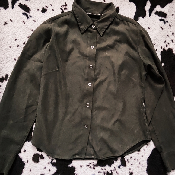 Tops - "WOMEN'S" 80'S/90'S FAUX SUEDE BUTTON SNAP SHIRT - MOSS GREEN
